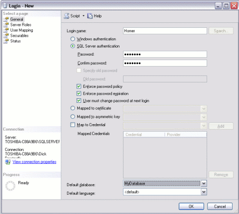 Creating a new login in SQL Server - General tab
