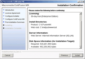 ColdFusion MX installation screen 10